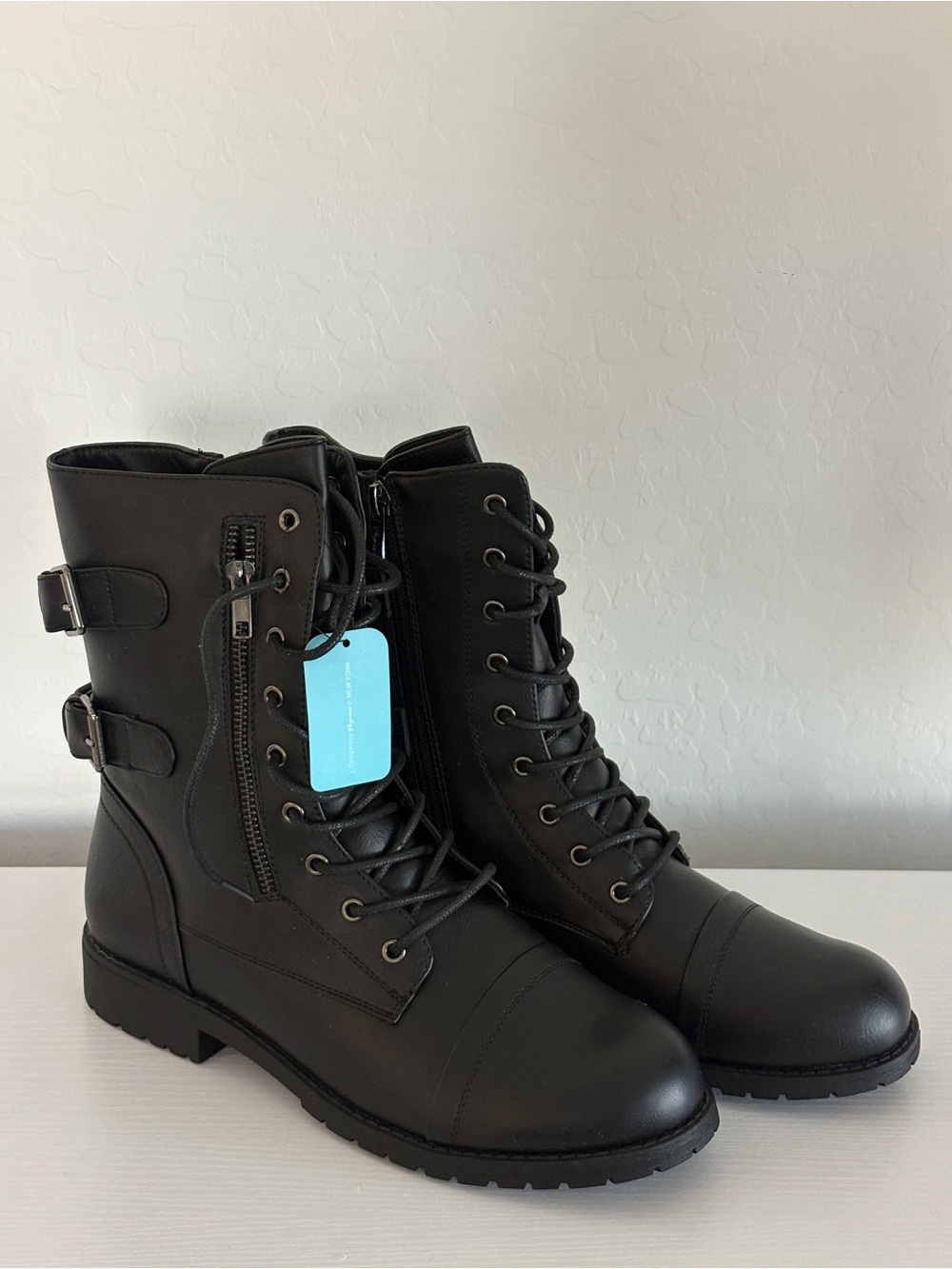 Vepose Black Lace-Up Combat Ankle Boots with Side Zipper